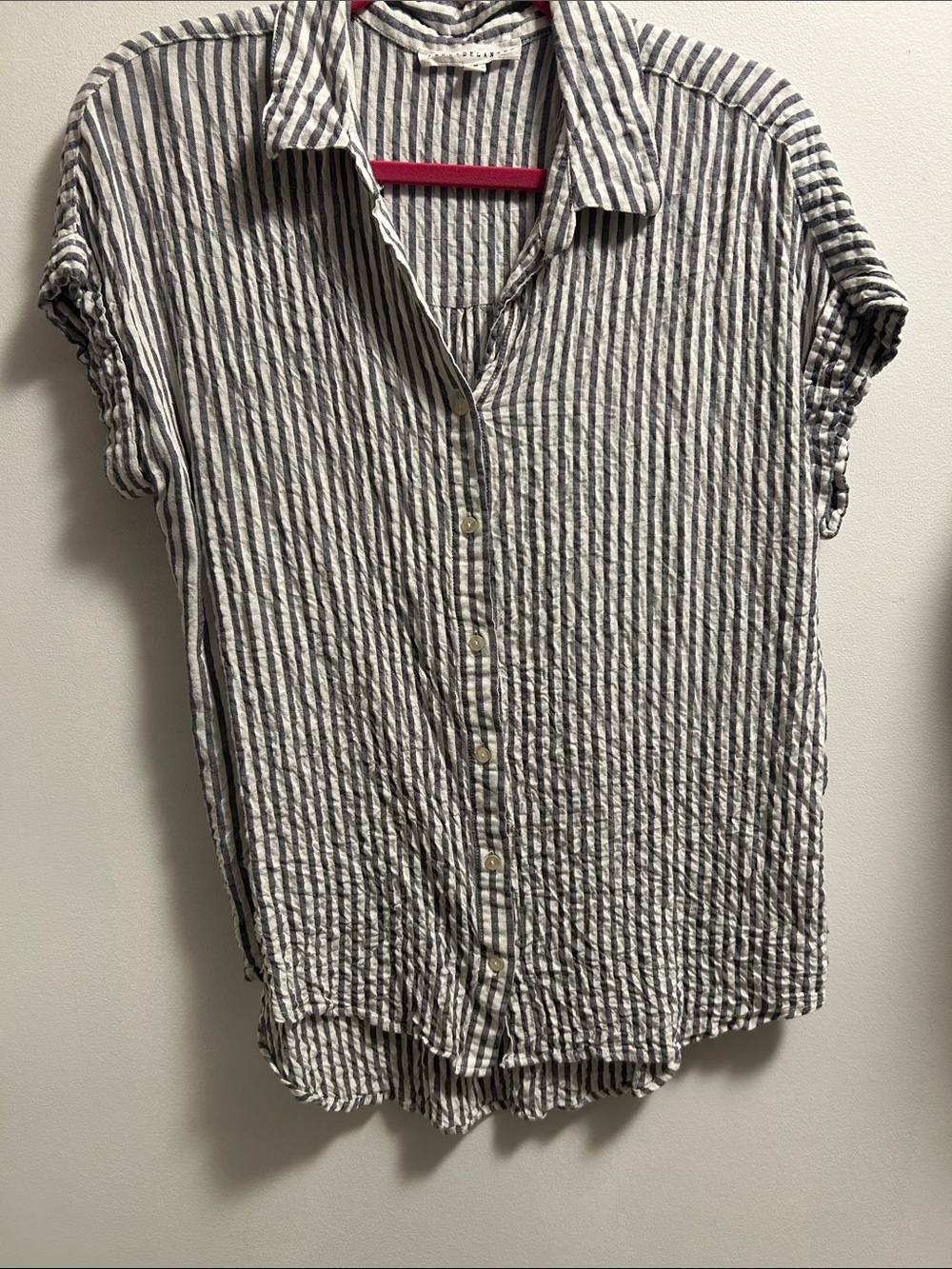 Jane and Delancey Vertical Stripe Short-Sleeve Button Shirt - White & Navy